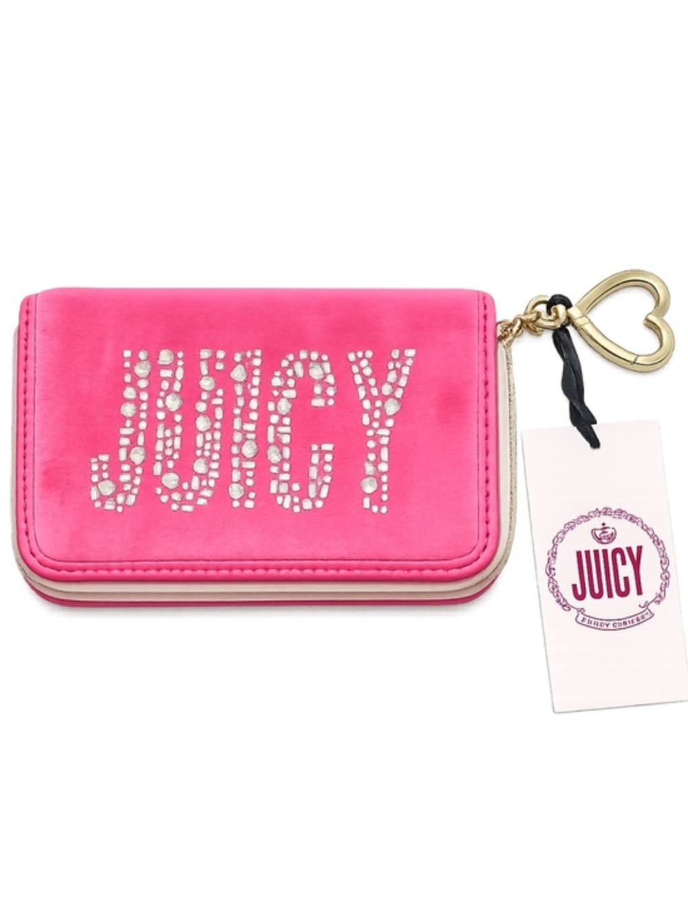 Juicy Couture Hot Pink Crystal Logo Zip Around Wallet with Heart Charm